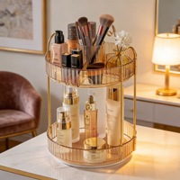 Boîte de rangement rotative en acrylique à trois niveaux avec cadre métallique rond, OEM ODM, en plastique avec niveaux rotatifs, organisation de luxe pour la vanité