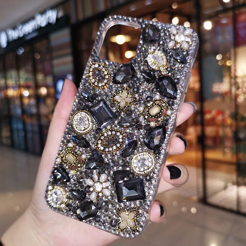 Luxury Crystal Gem Rhinestone Phone Case Bling transparent silicone Diamond retro Gem Flower for IPhone 13 pro max case