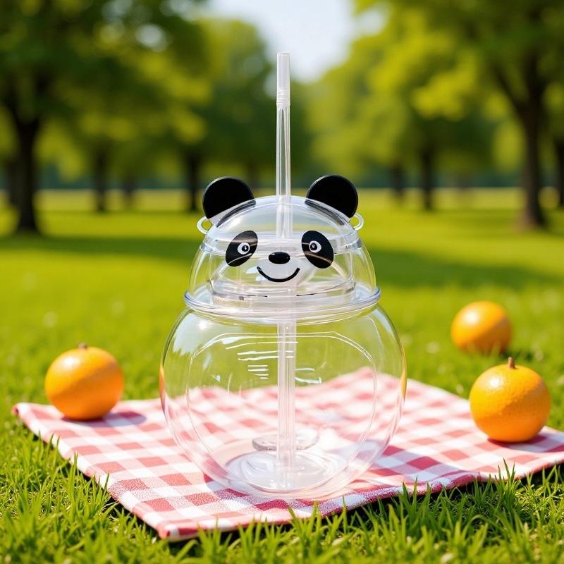 Cartoon Panda Suction Cup Drinking Cup for Kids, Transparent Plastic Tumbler with Straw, Creative Funny Gift