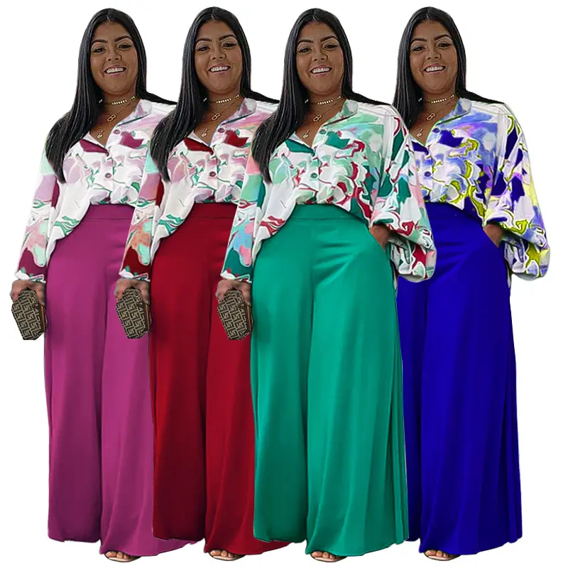 2023 Spring Long Wide Leg Pants And Floral Button Down Blouse Shirts For Women Plus Size Two Piece Dressy Pants Outfits