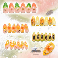 30 faux ongles à presser style français, forme amande moyenne, peints à la main, motif fruits d'été et coquillages, avec lime à ongles en gelée, pour manucure quotidienne