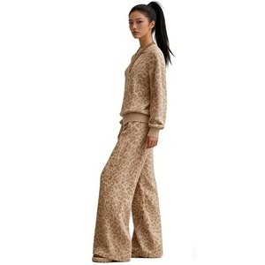 Women's Leopard Print <b>Knit</b> 2 Piece <b>Set</b> - Crew Neck Sweatshirt & Wide-Leg Pants Fashion - Product Image 5