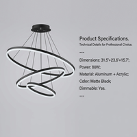 Lustre LED moderne de luxe 40 60 80cm à 3 anneaux 80W avec télécommande sans fil, en aluminium noir, intensité variable, hauteur réglable