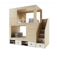 Lit superposé multifonctionnel en bois avec escalier de rangement et tiroirs, lumière de lecture intégrée et prise électrique pour chambre d'enfant ou dortoir
