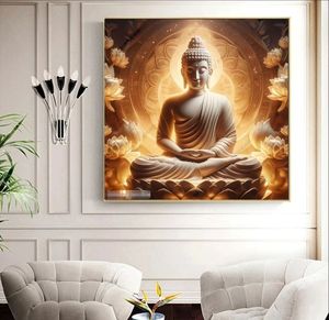 Arte de Pared de Porcelana con Cristales, Diseño de <span class=keywords><strong>Buda</strong></span> Dorado y Flor de Loto, Estilo Budista Religioso, Tamaño Grande, Venta al Por Mayor de Fábrica para Decoración del Hogar - Product Image 4