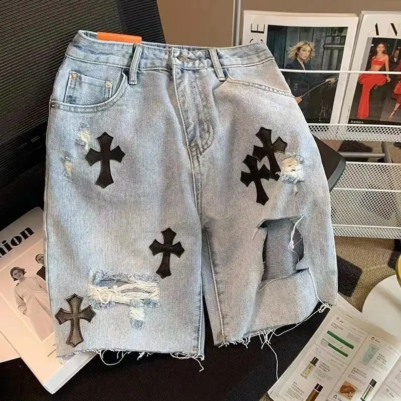 Pantalones cortos vaqueros rasgados y dañados Y2K de verano con diseño personalizado High Street Cross patch con bordado Bermudas Shorts Jeans