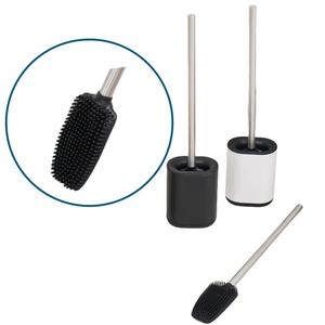 Cepillo flexible de silicona para inodoro con soporte, soporte de acero inoxidable, mango de acero inoxidable, flexible, plano, para inodoro y contenedor - Product Image 6