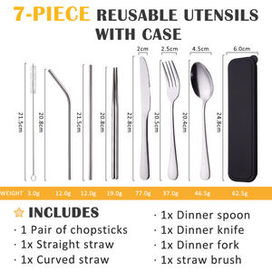 Ensemble <span class=keywords><strong>de</strong></span> couverts portables en acier inoxydable avec étui : cuillère, fourchette, couteau, baguettes, paille – Idéal pour pique-nique, camping, extérieur et voyage - Product Image 2