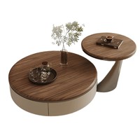 Ensemble de 2 tables basses rondes en bois massif de luxe moderne avec tiroirs de rangement et base en métal pour salon, bureau à domicile, décoration de la maison