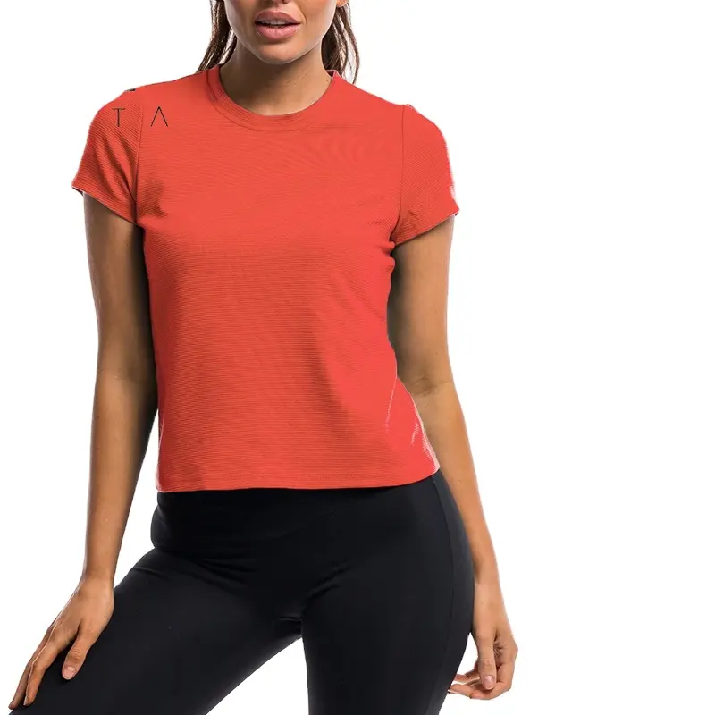 2022 Custom printing logo solid women's plain sweat-wicking sports orange fitness gym crew-neck t-shirt
