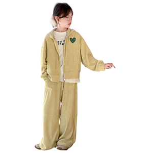 2025 Thời Trang Thiếu Niên Cô Gái Thêu Màu Vàng Hình Trái Tim Patched Trùm Đầu Dây Kéo Áo + Quần 2 Pcs Jogger Thiết Lập - Product Image 2