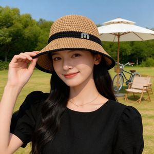 Spring Summer Wide Brim Color Blocked <b>Straw</b> Fisherman <b>Hat</b> For Women Foldable Portable Sun Protection Vacation Beach <b>Hat</b> - Product Image 4