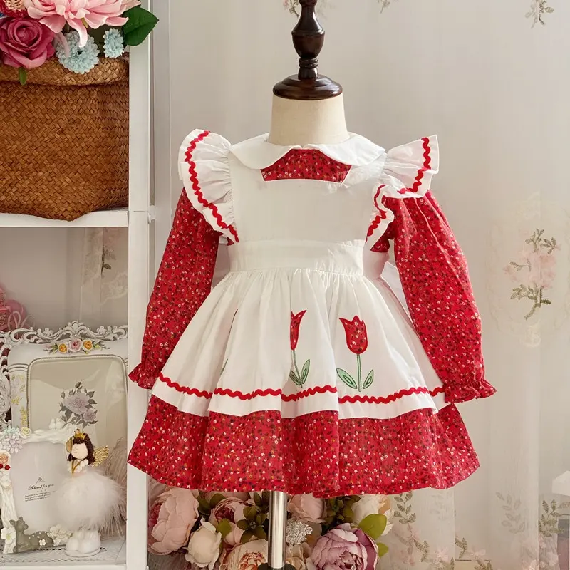 061988 Mùa Thu Màu Đỏ Bé Tây Ban Nha Dresses Ăn Mặc Của Cô Gái Cổ Điển Ruffles Trẻ Em Quần Áo Trẻ Em Bán Buôn Quần Áo Choàng