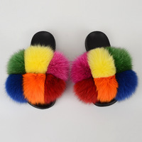 Pantoufles plates en fourrure de raton laveur à six boules de couleurs mélangées Sandales en fourrure de renard Pom Pom Slides pour femmes