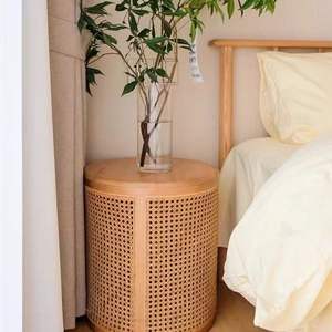 طاولة مستديرة بنمط طبيعي مع حافة خشب الروطان المنسوجة ، طاولة نهاية لغرفة المعيشة وغرفة النوم - Product Image 4