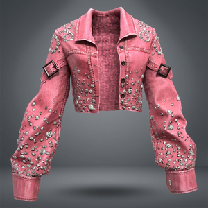 SEWARD SPORT Pink Studded PU Leather <b>Jacket</b> Women Washed Raw Edge Puff Sleeve Casual Streetwear Crop Polyester Wadding Filled - Product Image 2