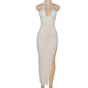 Vente en gros été Sexy col en V couleur <span class=keywords><strong>blanche</strong></span> unie élégante mode côté fendu dos nu <span class=keywords><strong>droite</strong></span> robes décontractées mignon - Product Image 6
