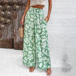 Pantalones de mujer de estilo vocacional de alta calidad a la moda, pantalones fluidos informales de pierna ancha con estampado personalizado con bolsillos