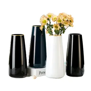 Vazolar ev dekor için cam çiçek Set düğün altın jant renk sır beyaz siyah gri kalın cam silindir çiçek vazolar