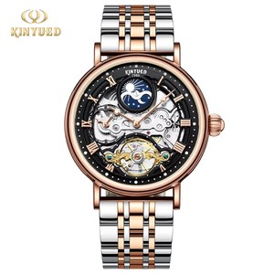 Drop Shipping KINYUED Men's Mechanical <b>Watch</b> Stainless Steel Band <b>Skeleton</b> Dial Moon Phase Roman Numerals Waterpr Luxury Fashion - Product Image 1
