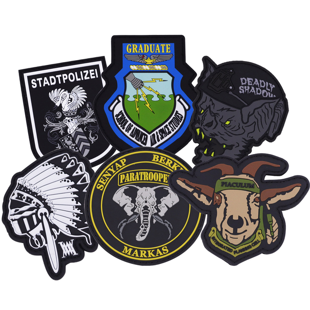 Customized 3D Cartoon Tactical Patch Appliques Fashionable Iron-On Soft PVC Rubber Embossed Hook Loop Backing Clothing