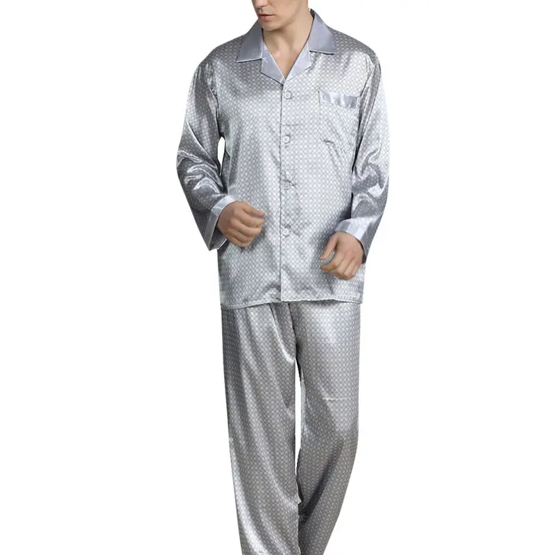 Erkek saten ipek Pijama Set tam uzunlukta Pijama Modern tarzı yumuşak rahat saten baskılı erkek setleri renk gri siyah erkek pijama