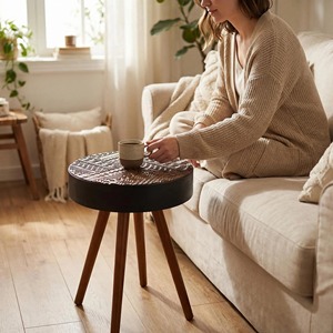 15.7-inch Round Convertible Coffee Table Modern Design with <b>Adjustable</b> <b>Height</b> & Storage Compact Space-Friendly Wood Side Table - Product Image 1