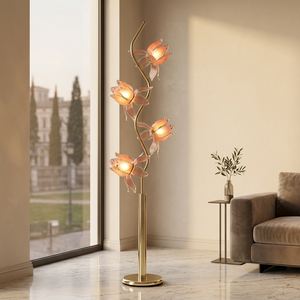 Unique Curved Stem Lotus Flower <b>Floor</b> <b>Lamp</b>, <b>Pink</b> Acrylic Glowing Petals Standing <b>Lamp</b> for High-end Interior - Product Image 1