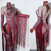 Combinaison rouge rétro à strass et franges longues, imprimé numérique 3D, robe de danse en maille pour performance sur scène de danse latine, samba, danse de salon