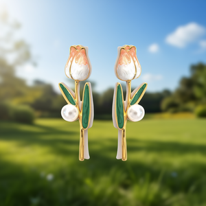 Pendientes de Flor de Tulipán, Chapados en Oro, Acero Inoxidable 316L con Perlas, Joyería de Moda - Product Image 3