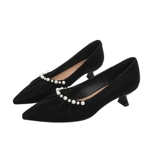 Escarpins à bout pointu et talons fins avec perles, nouvelle collection printemps-automne 2026, en cuir souple français plissé, coupe basse - Product Image 2