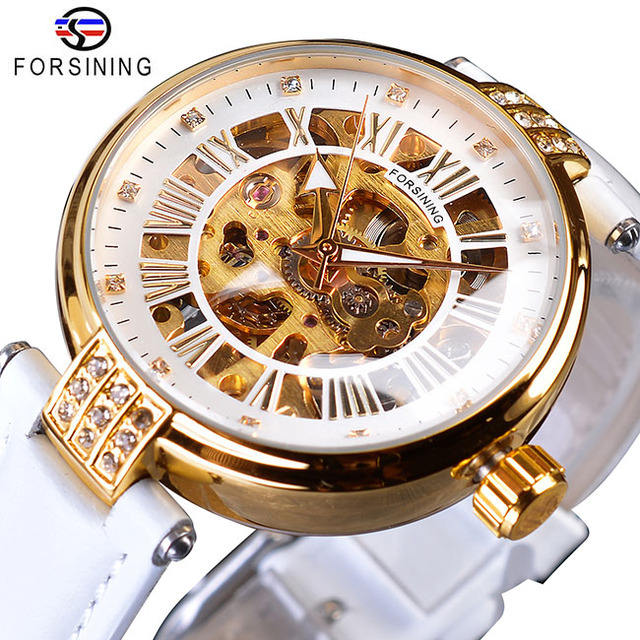 Forsining White Gold Mechanical Automatic Luxury Top Brand Lady Wrist Watch  Skeleton Clock Women Leather Dress Age Girl Watches