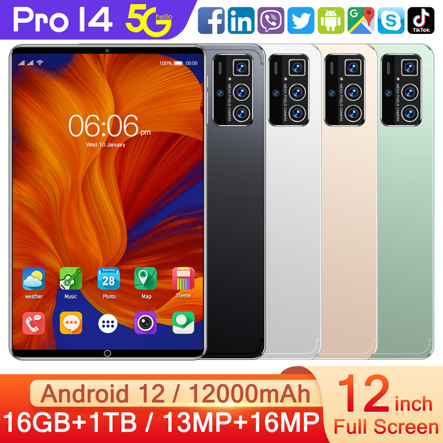 Pro14 16GB+1TB Educational Android 12 Tablet 12 Inch Dual SIM with 1920x1200 Resolution