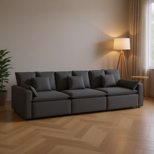 Divano Modulare in Tessuto Grigio Scuro a Tre Posti, Design Moderno per Soggiorno, Cuscini Imbottiti, Braccioli Imbottiti, Gambe in Plastica - Product Image 2