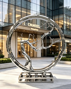 Escultura moderna <span class=keywords><strong>de</strong></span> anillo en acero inoxidable con acabado espejo, ideal <span class=keywords><strong>para</strong></span> espacios públicos como hoteles y centros comerciales. - Product Image 1