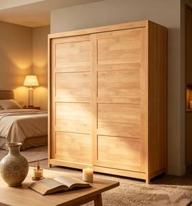 Armoire scandinave en bois massif avec portes coulissantes, meuble de chambre moderne autoportant, design gain de place - Product Image 1
