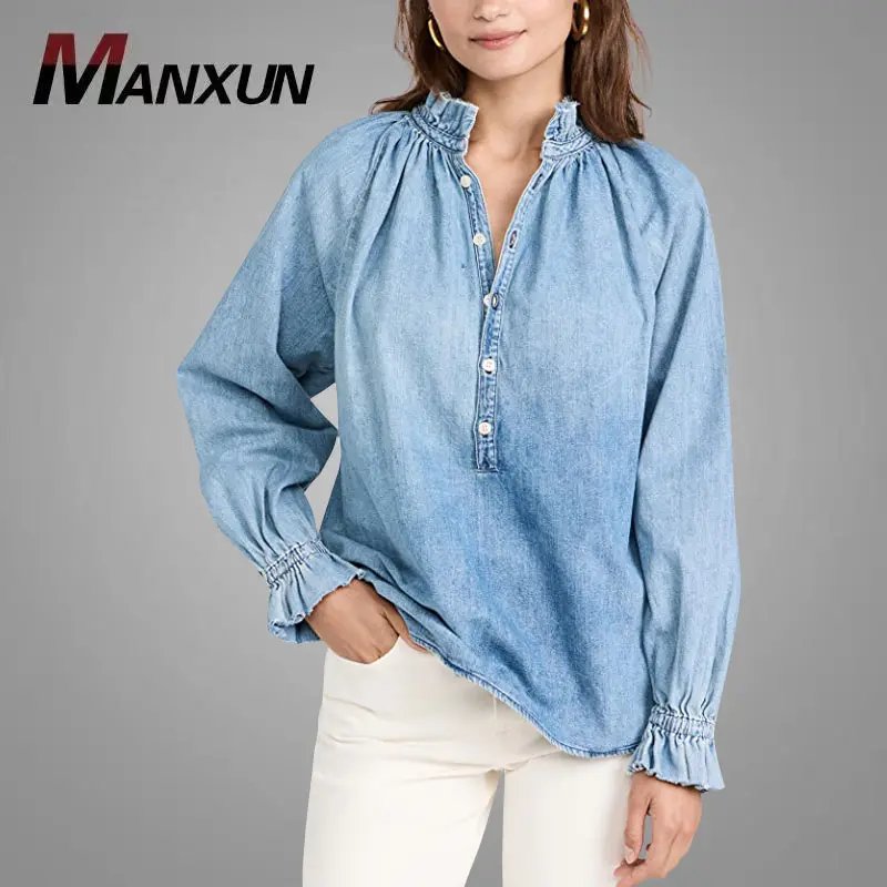 Wholesale Blue Denim Women's Blouses Long Puff Sleeve Ruffle Collar Tops Lady Front Button 100% Cotton Blouse Women Jeans
