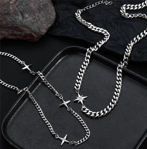 Collana da <span class=keywords><strong>Uomo</strong></span> Hip-Hop con Catena Cubana Spessa in Acciaio Inossidabile Placcato Argento e Ciondolo a Stella - Product Image 4