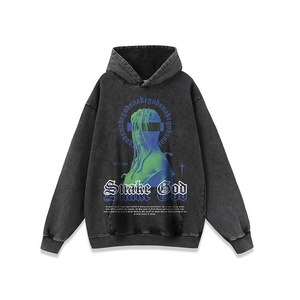 2025 Retro Chic Distressed Printed Washed Hooded Sweatshirt 420g Cotton Loose Streetwear Couple Hip-Hop Character <b>Print</b> Men's - Product Image 2