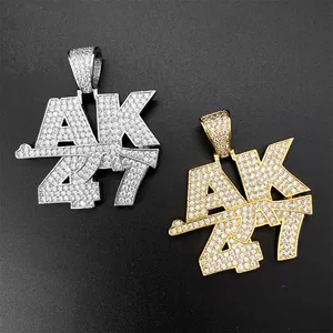 Blues OEM jewelry wholesale hip hop brass micro insert zircon 18k gold iced out uzi AK 47 gun pendant necklace