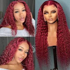 Rambut HD Transparan Bergelombang Dalam Berwarna # Wig Rambut Asli Brasil 99j Burgundy 13x4 13x6 HD Lace Front Model Body Deep Wave untuk Wanita Kulit Hitam - Product Image 4