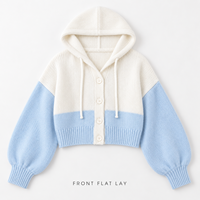 Cardigan en tricot à capuche personnalisé pour femme, color block, boutonné, court, avec manches bouffantes, pour tenue décontractée quotidienne