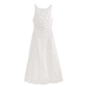 Robe midi blanche sans manches, coupe trapèze, avec broderie anglaise, col carré, robe en dentelle décontractée pour l'été - Product Image 1