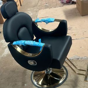 High-End Curved Back Synthetic <b>Leather</b> Barber <b>Chair</b> Eco-Friendly Design Navy Gold Frame Adjustable Salon Furniture for Outdoor - Product Image 1