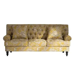 French Vintage Three Seat Chesterfield Long Couch Country Style Tufted Yellow Flower Printing Cloth Sofa