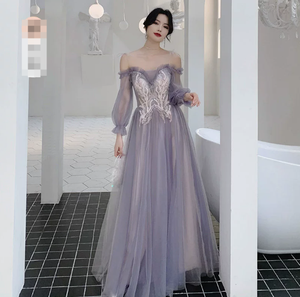 Vestidos de Dama de Honor Morados de Tul Personalizados, Vestido Formal para Mujer, Manga Larga, Talla Grande, Vestido de Noche, Fiesta de Graduación, Boda - Product Image 1