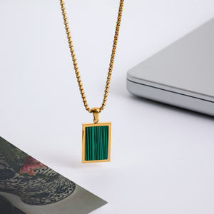 Perhiasan Pria 18k liontin Malachite hijau kotak baja tahan karat emas kalung pria - Product Image 6