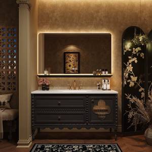 Solid Wood Bathroom Vanity with LED Light Mirror and Single Sink Retro Bathroom Cabinet for Hotel Home - Product Image 3