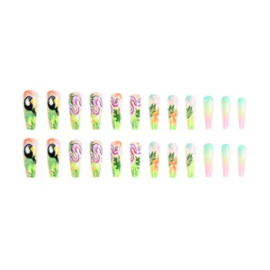 24 Stück Druckdruck-Typ künstliche Nägel Farbe Hanggrün Blätter glatt Vollkappen-Nägel niedliche künstliche Nägel weiblich