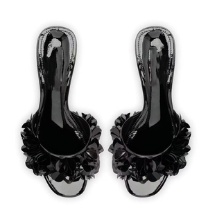 Sandalias de tacón bajo de aguja con punta abierta para mujer, talla grande 46, ajuste ancho, con estampado floral brillante y charol. - Product Image 5